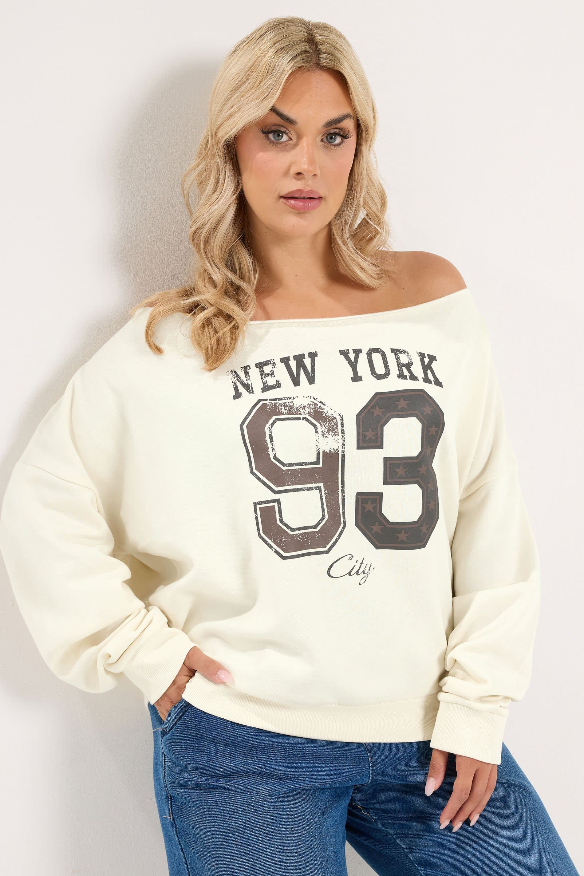 Yours Plus Size Cream 'New York' Off Shoulder Sweatshirt