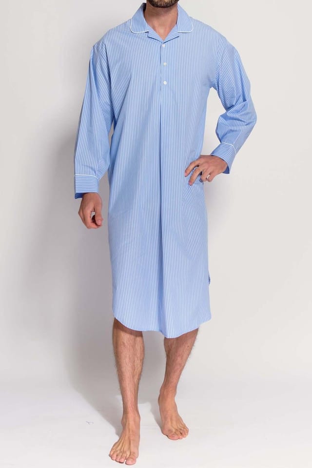 British Boxers British Boxers Men's "Sky Blue & White" Stripe Crisp Cotton Nightshirt in Light Blue - 2