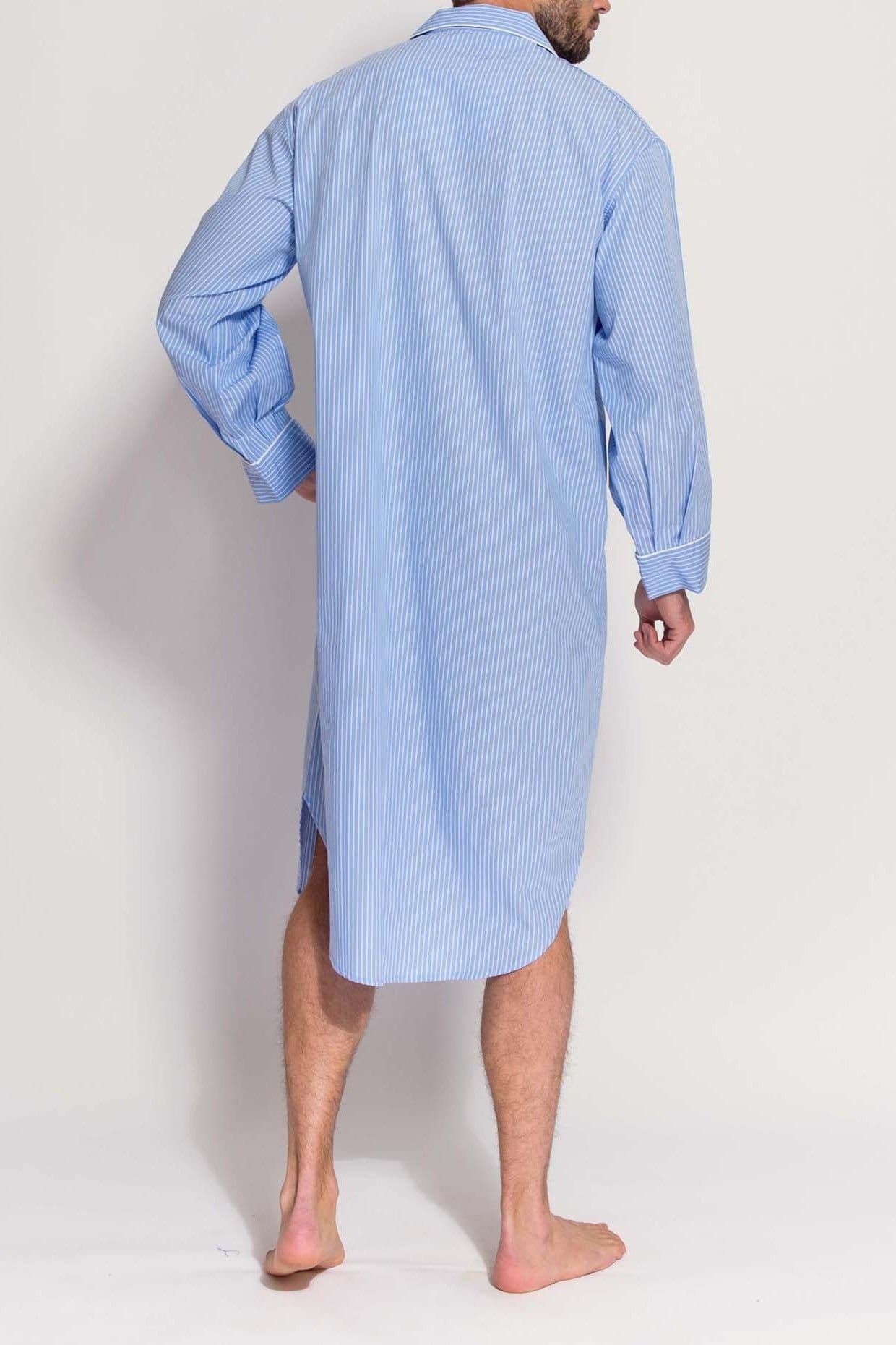 British Boxers British Boxers Men's "Sky Blue & White" Stripe Crisp Cotton Nightshirt in Light Blue - 4