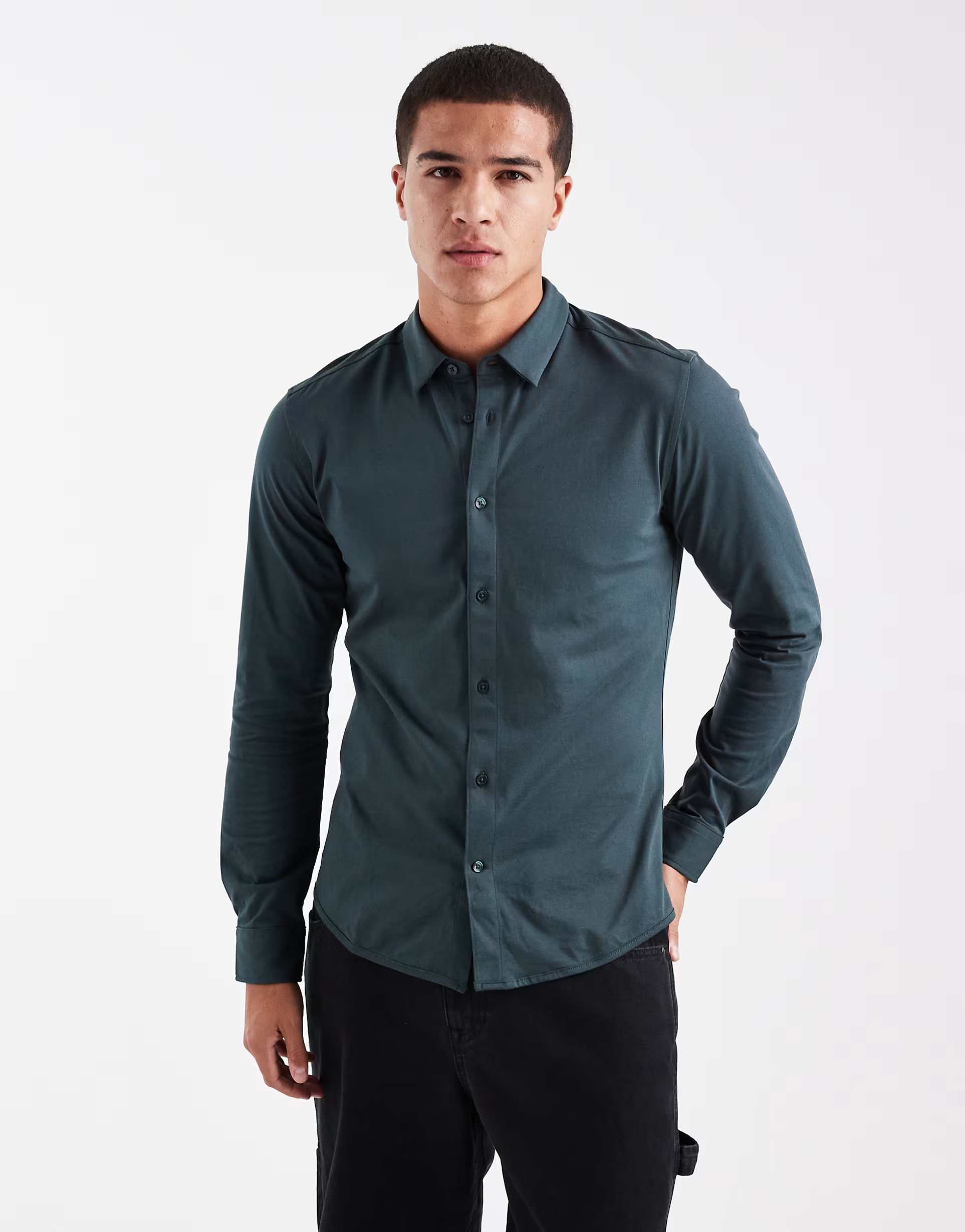 ASOS ONLY & SONS slim fit long sleeve shirt with stretch in dark green - 1