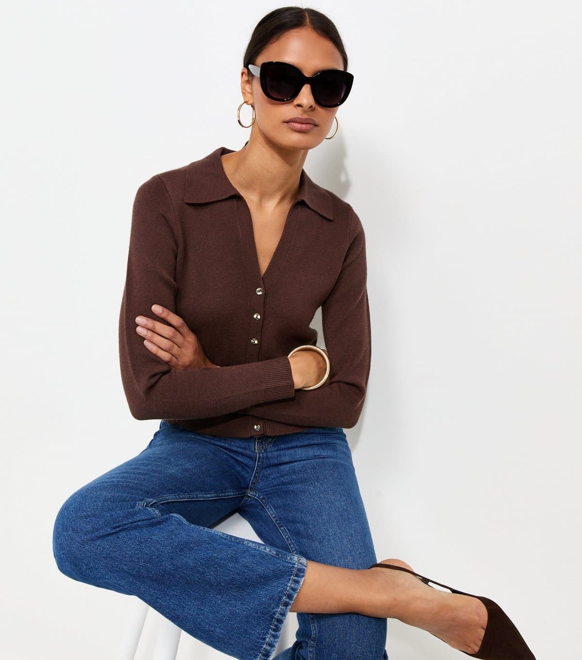 New Look Women's Dark Brown Compact Knit Collared Cardigan New Look