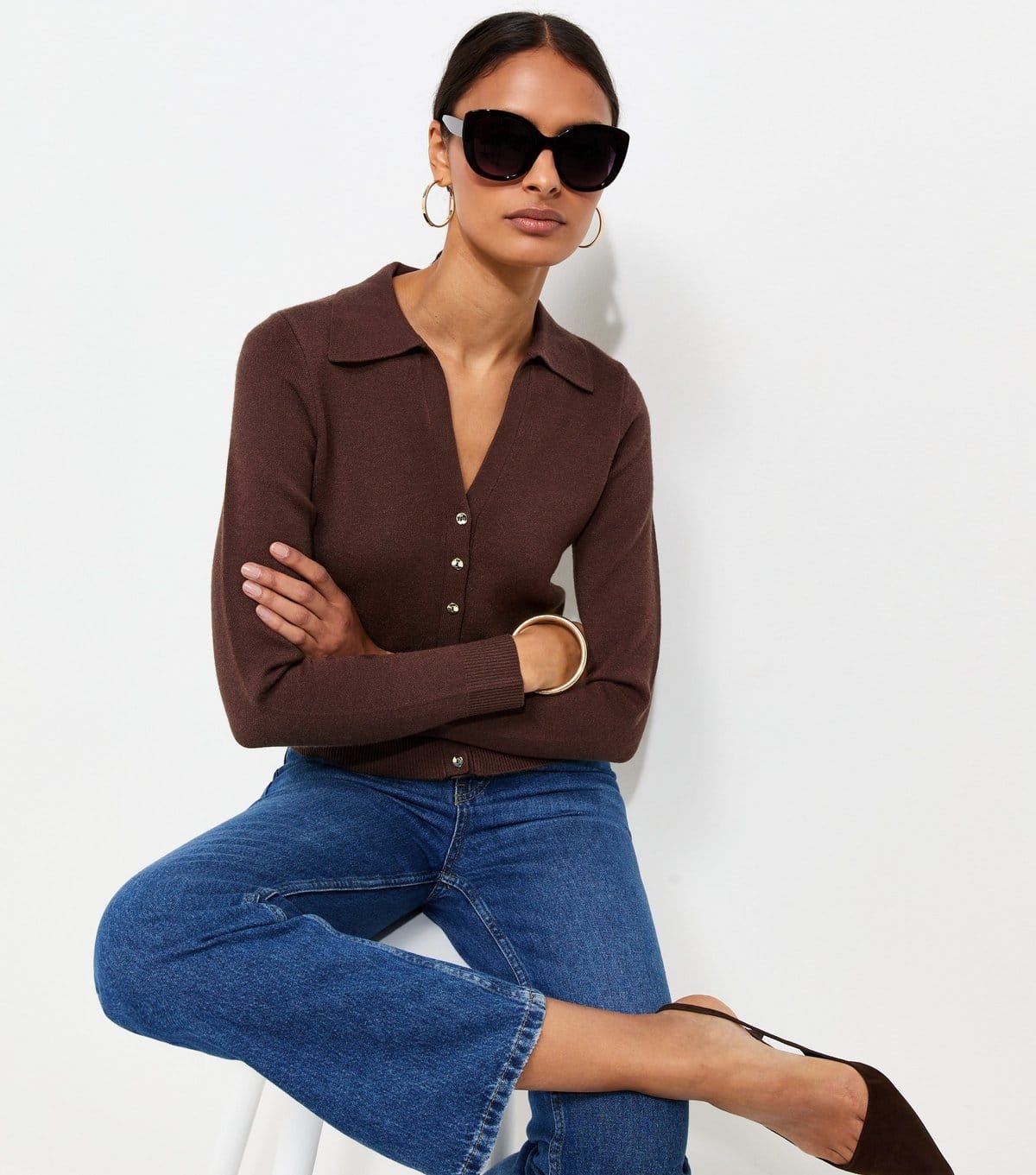 Women's Dark Brown Compact Knit Collared Cardigan New Look