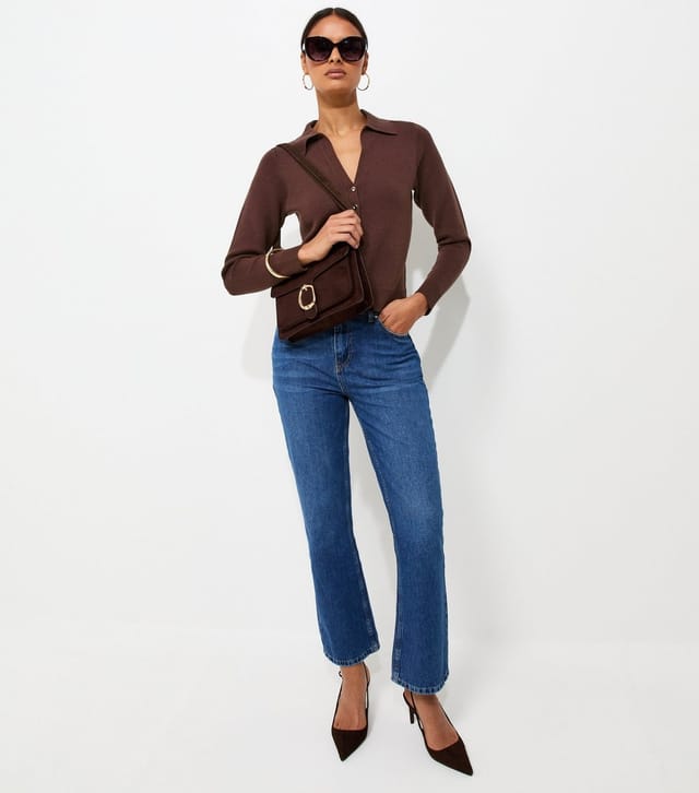 New Look Women's Dark Brown Compact Knit Collared Cardigan New Look - 2