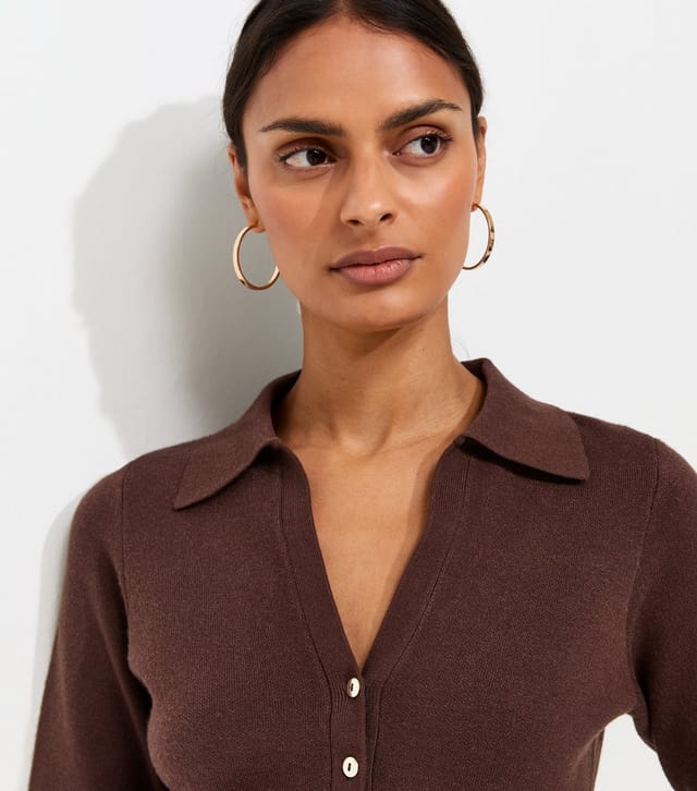 New Look Women's Dark Brown Compact Knit Collared Cardigan New Look - 3