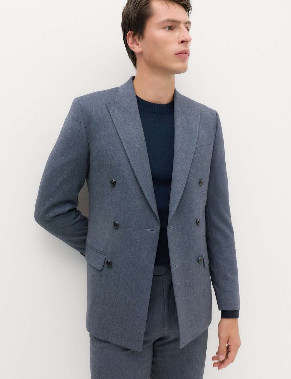 Marks & Spencer M&S Slim Fit Twill Double Breasted Suit Jacket Blue