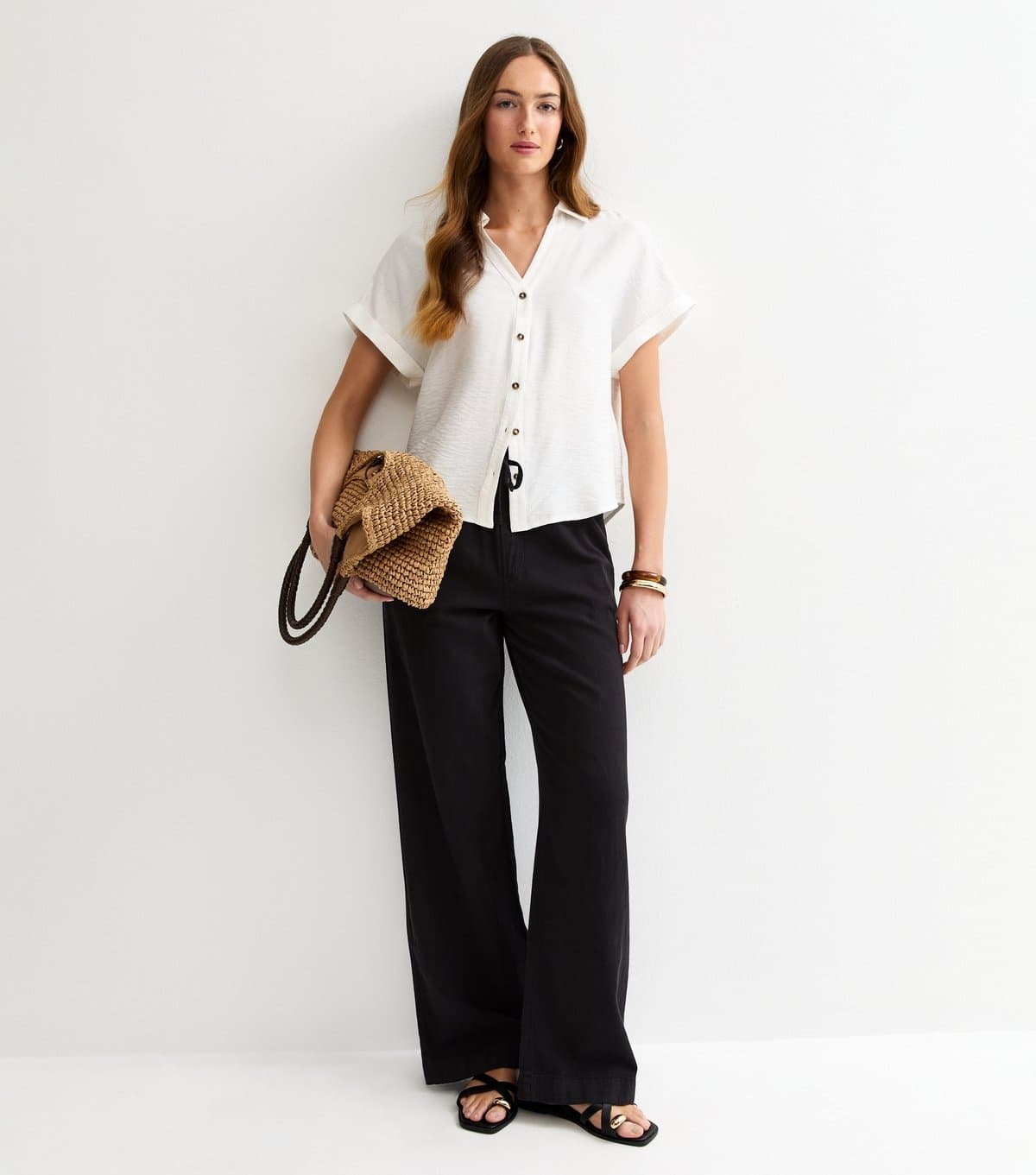 New Look Women's Tall Black Twill Cotton Wide Leg Trousers New Look