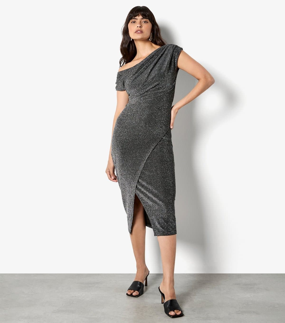 Apricot Women's Silver Drape Shoulder Wrap Midi Dress Apricot New Look