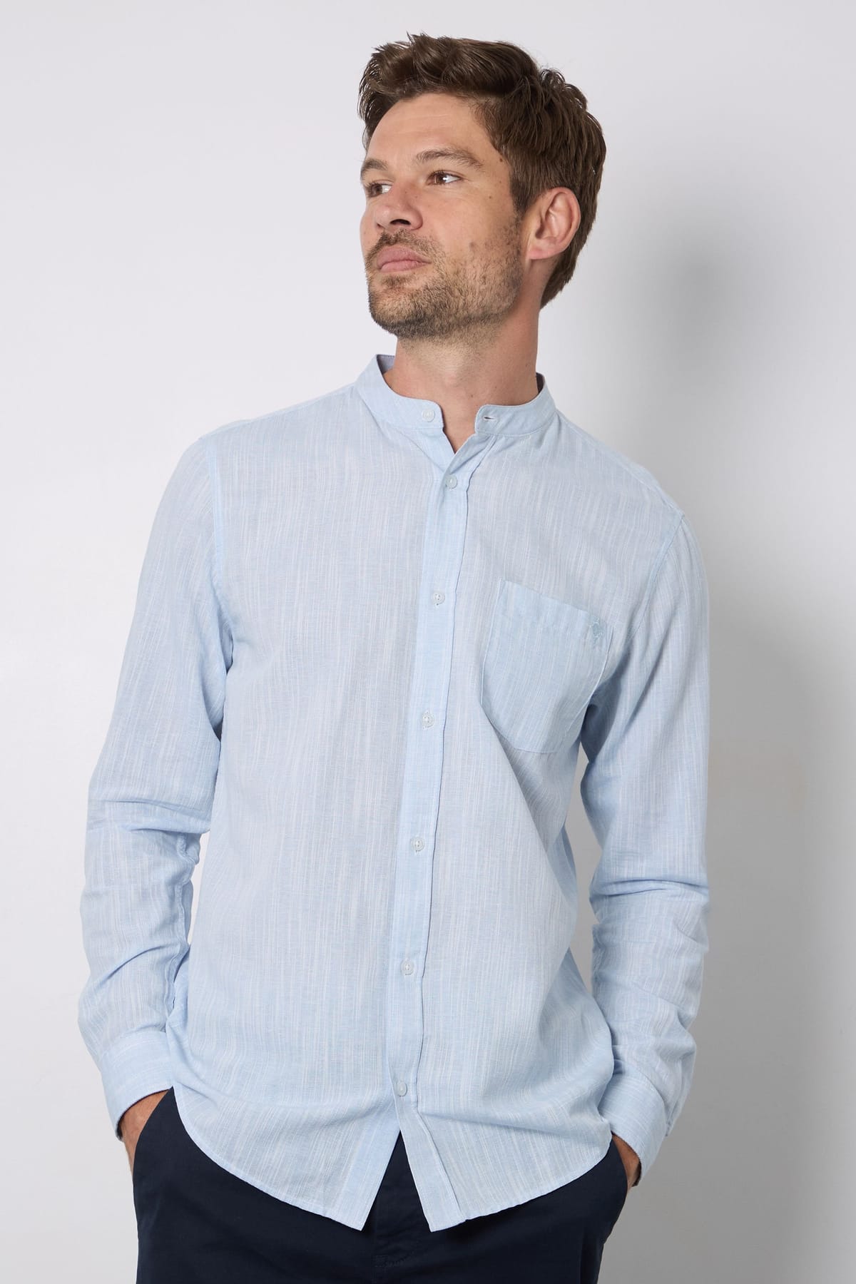 Maine Maine Men's Light Blue Textured Grandad Long Sleeve Shirt - 1