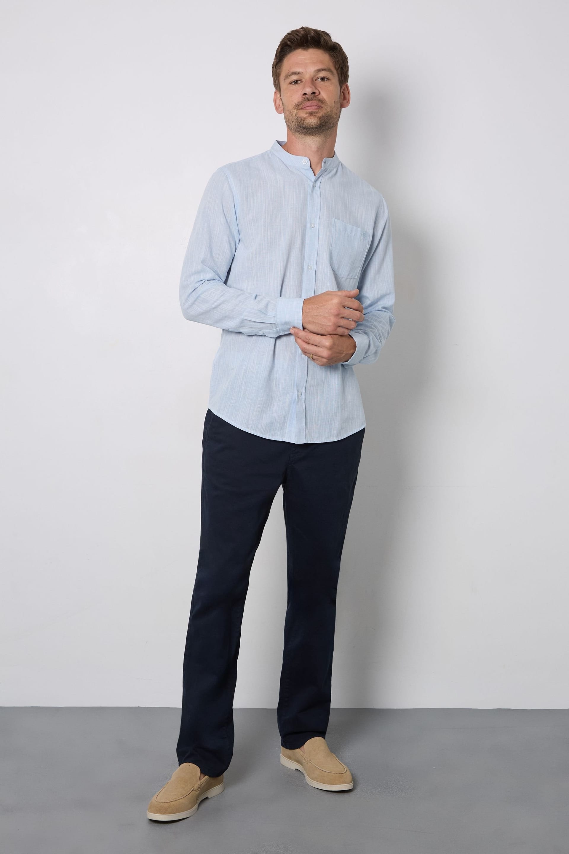 Maine Maine Men's Light Blue Textured Grandad Long Sleeve Shirt - 4