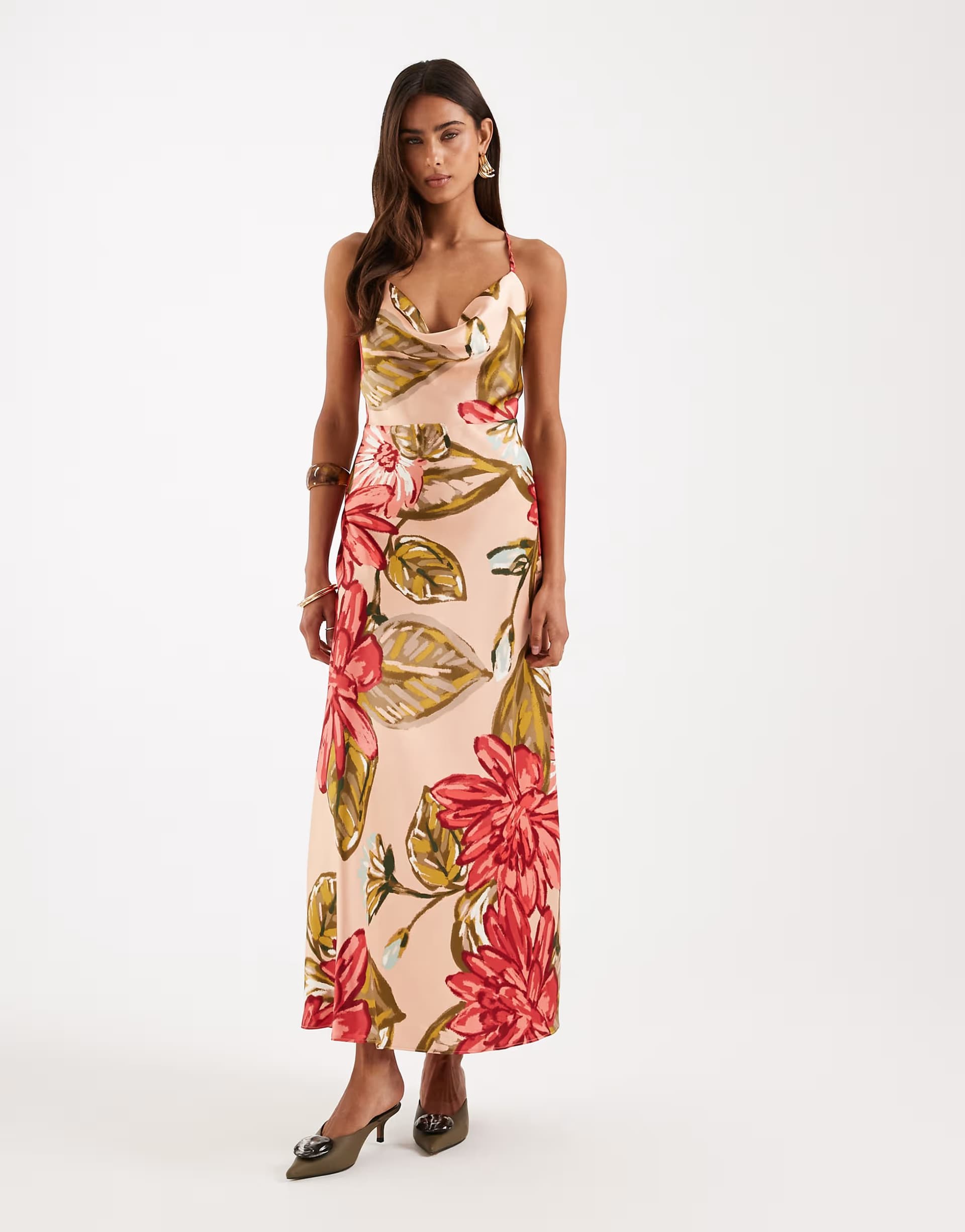 ASOS New Look satin cowl neck floral midi dress in pale coral