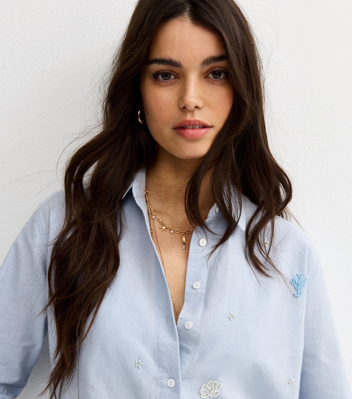 New Look Women's Blue Seaside Bead Embellished Long Sleeve Shirt New Look - 3