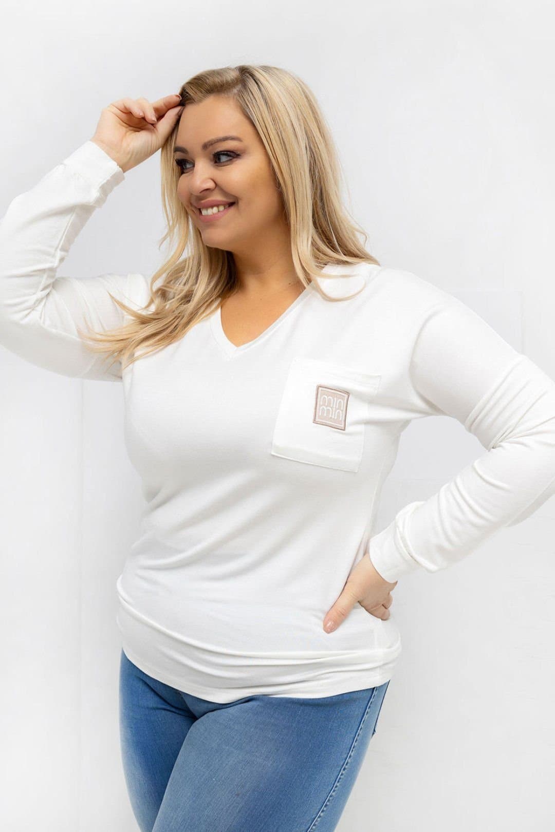 Love Lace Love Lace Women's Plus Size Micro Modal V Neck Blouse with Pocket in White