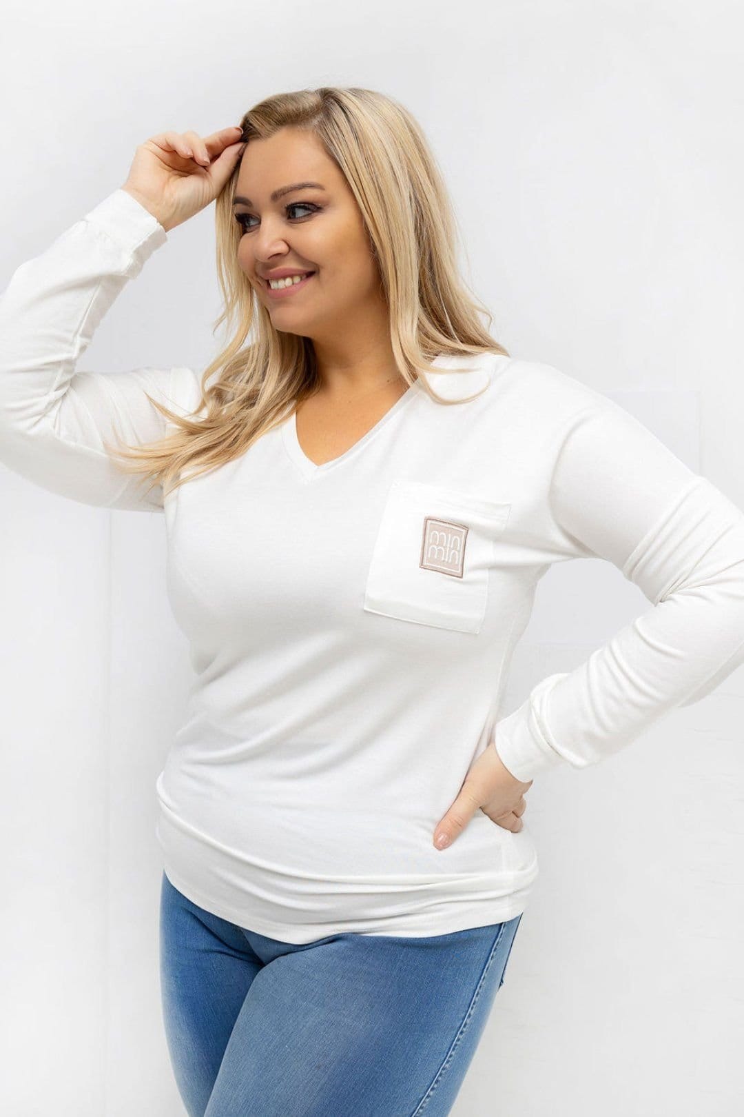 Love Lace White Plus Size V-Neck Blouse with Pocket