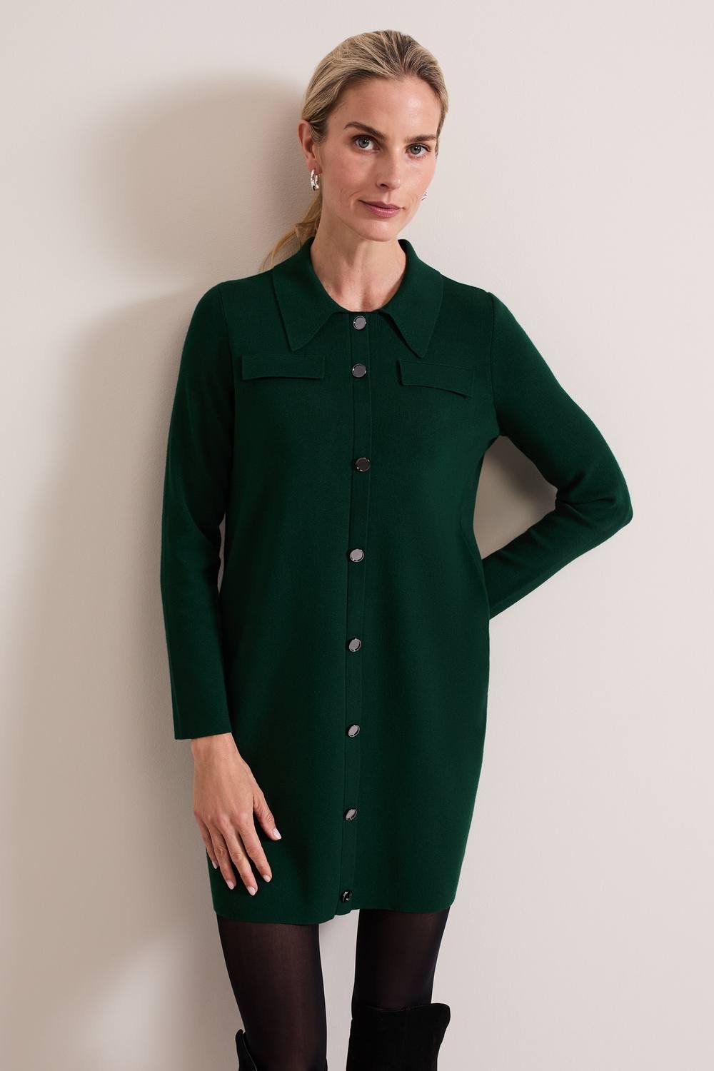 Phase Eight Phase Eight Women's Azealia Fine Knit Collared Tunic Dress in Bottle Green - 2