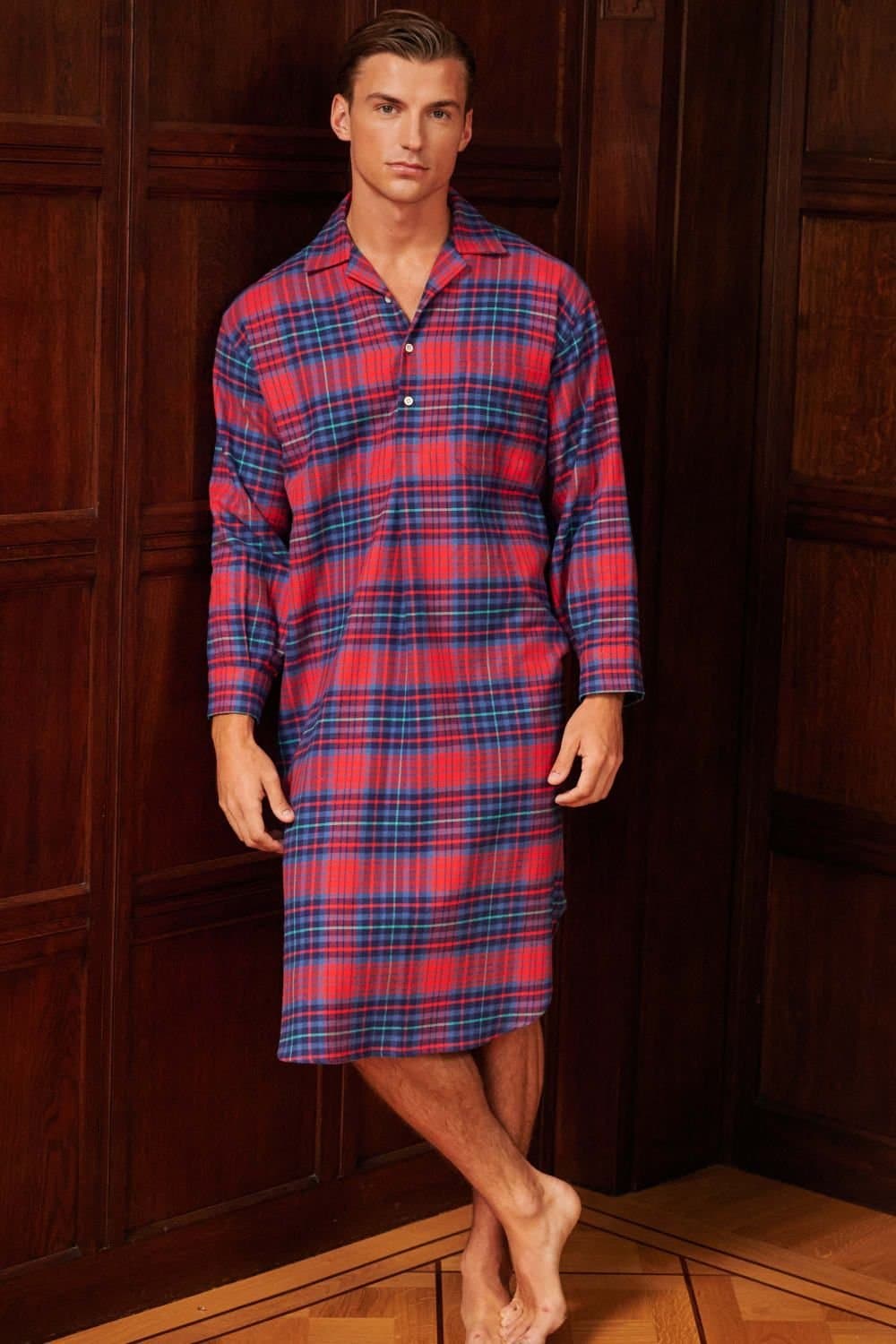 British Boxers British Boxers Men's "Iona Red Tartan" Brushed Cotton Nightshirt in Dark Red