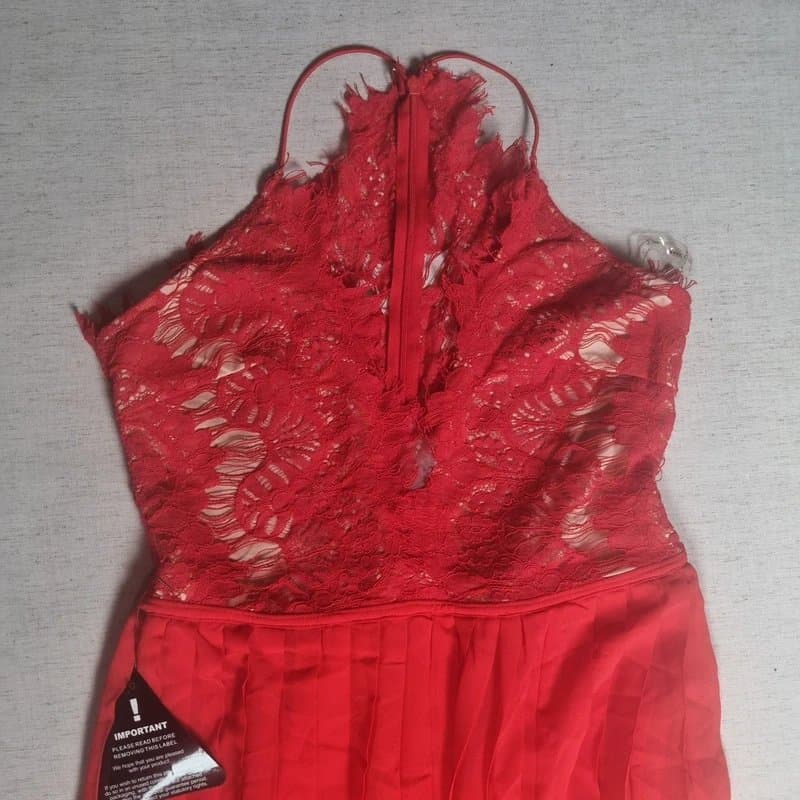 Rare London Rare London – Red Eyelash Lace Plunge Pleated Maxi Dress – Size 14 [BNWT]