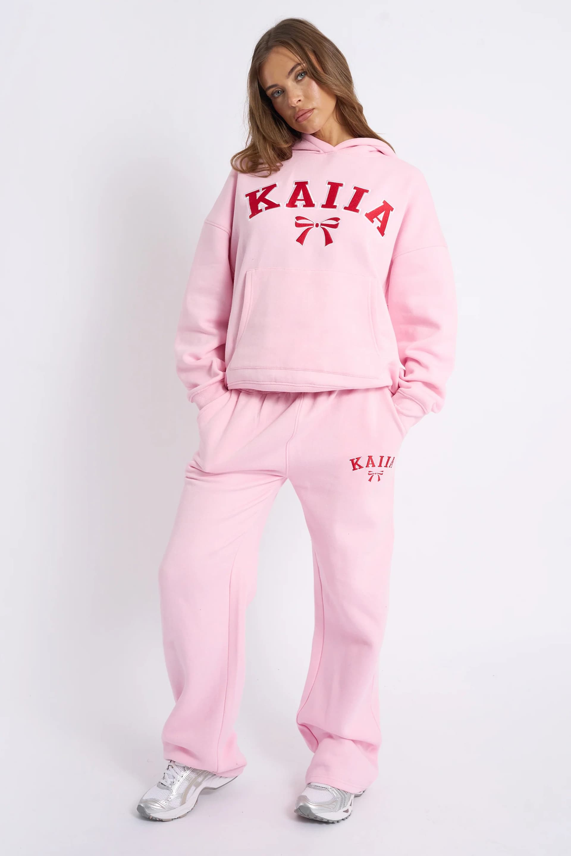 Kaiia Kaiia Bow Embroidered Wide Leg Joggers Baby Pink & Red