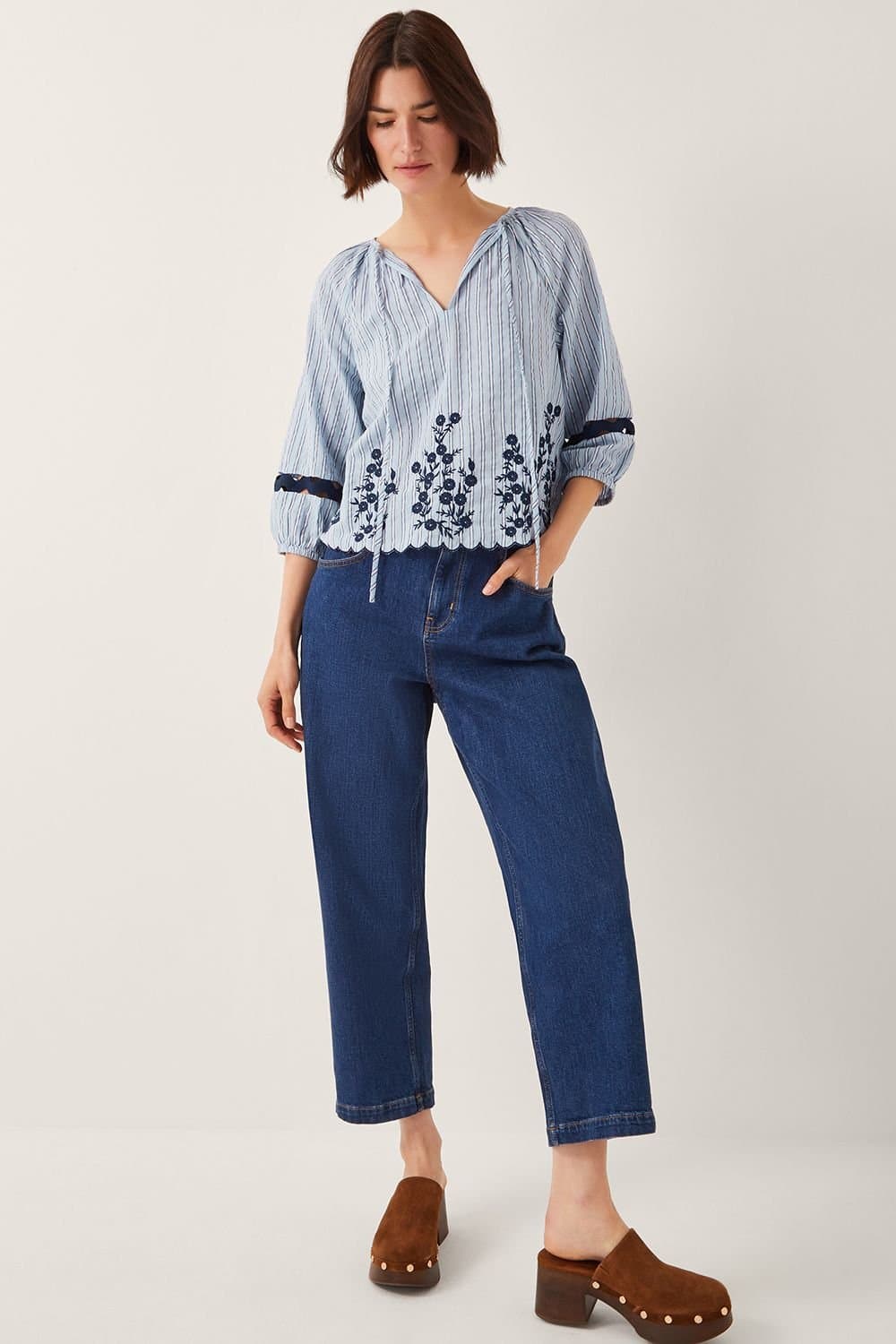 Monsoon Monsoon Women's Cara Embroidered Stripe Blouse Blue