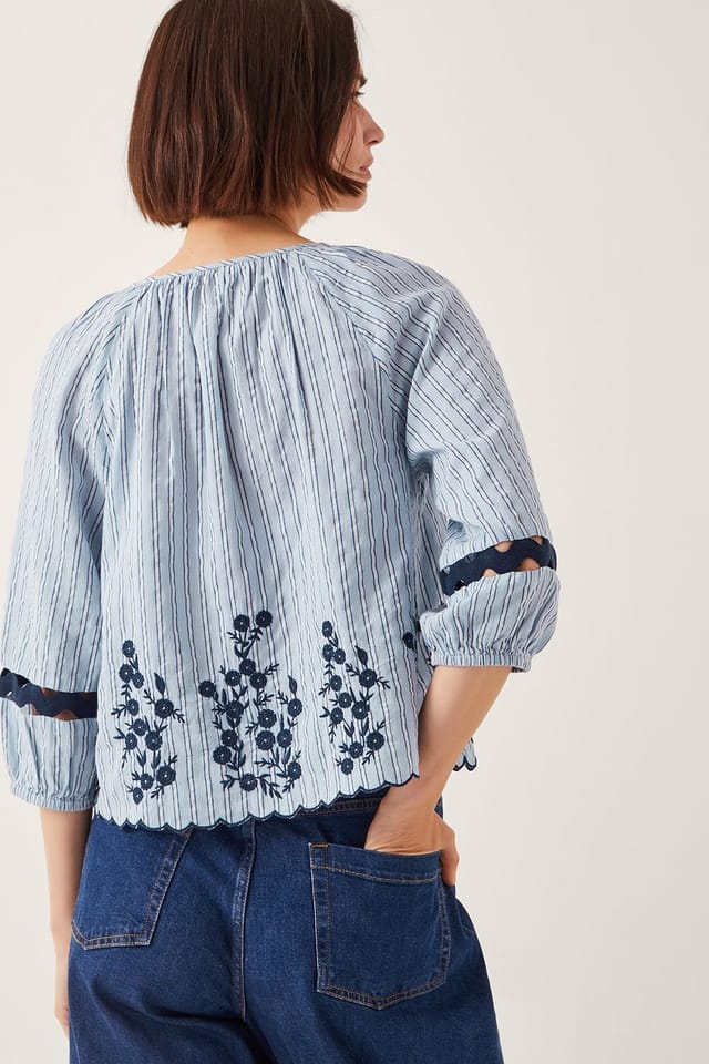 Monsoon Monsoon Women's Cara Embroidered Stripe Blouse Blue - 2