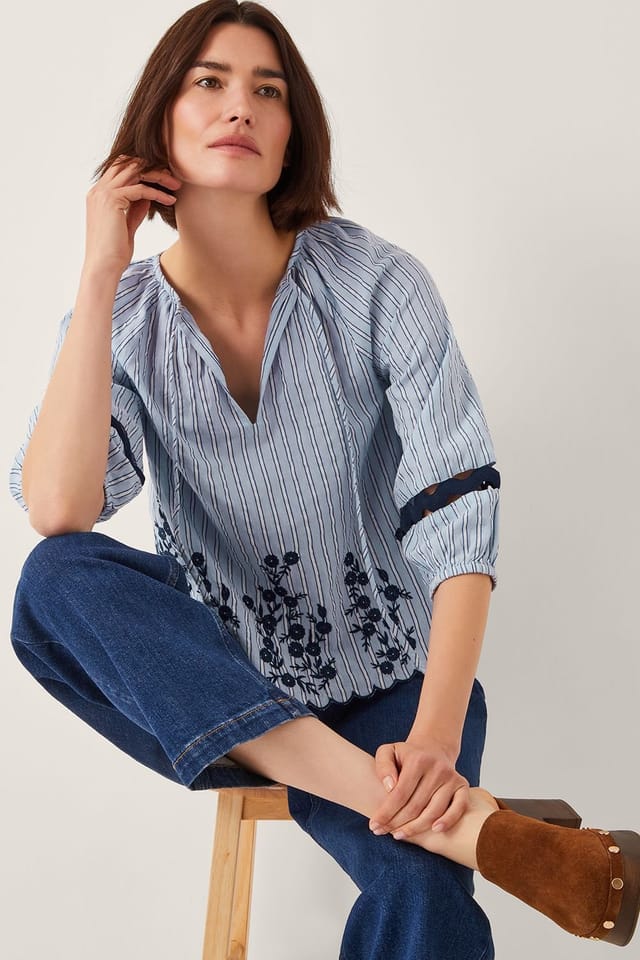 Monsoon Monsoon Women's Cara Embroidered Stripe Blouse Blue - 3