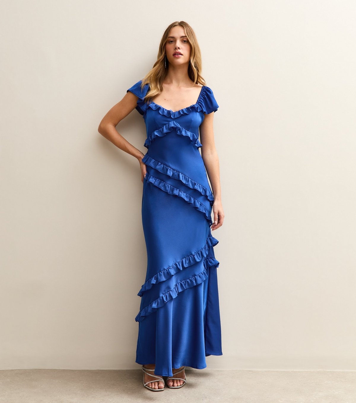 New Look Women's Dark Blue Satin Ruffled Trim Midi Dress New Look - 3