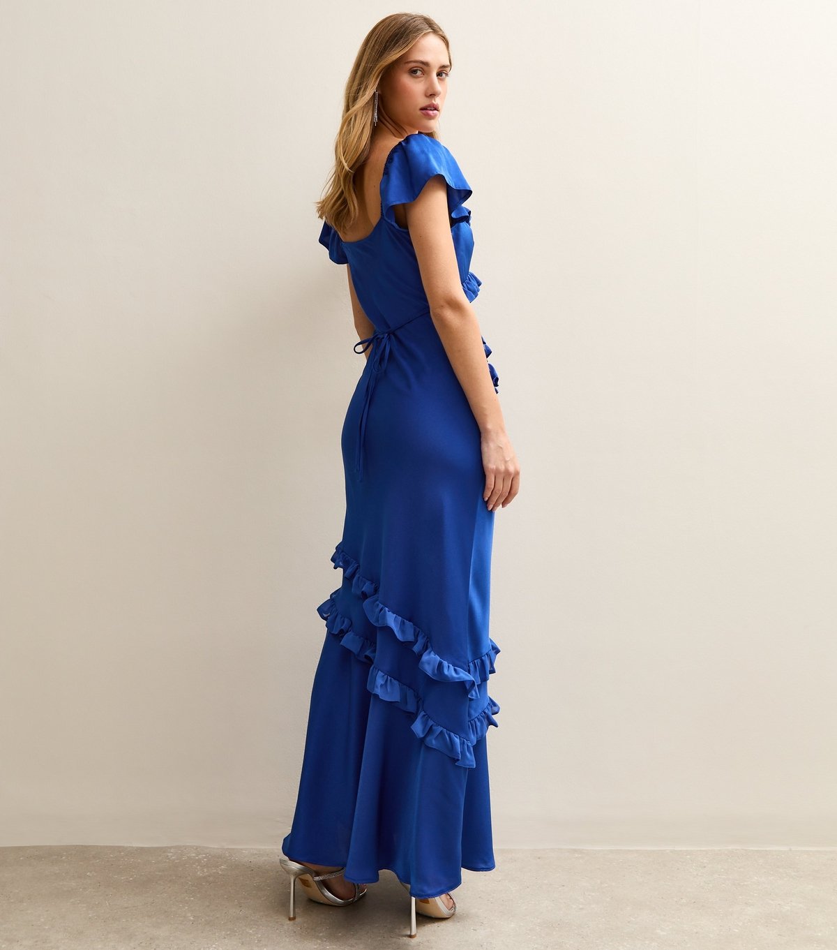 New Look Women's Dark Blue Satin Ruffled Trim Midi Dress New Look - 4