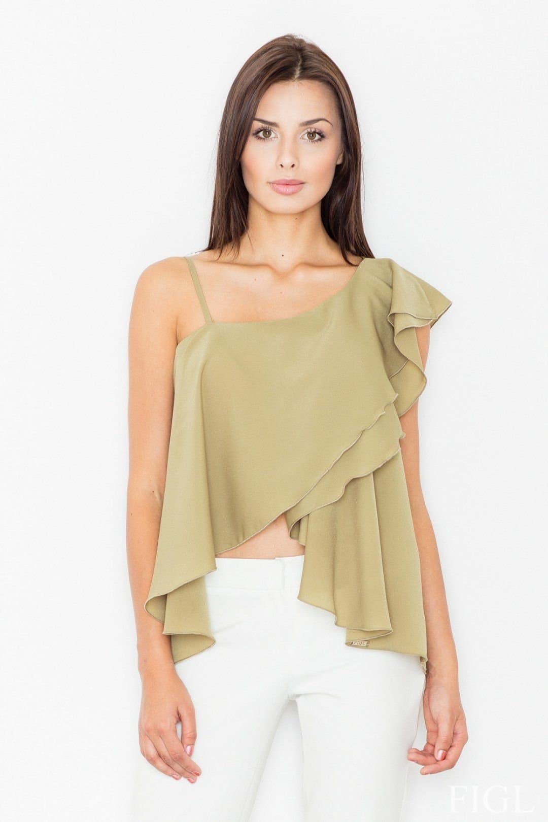 Love Lace Love Lace Women's Smooth Polyester Frill Belly Exposed Blouse in Green
