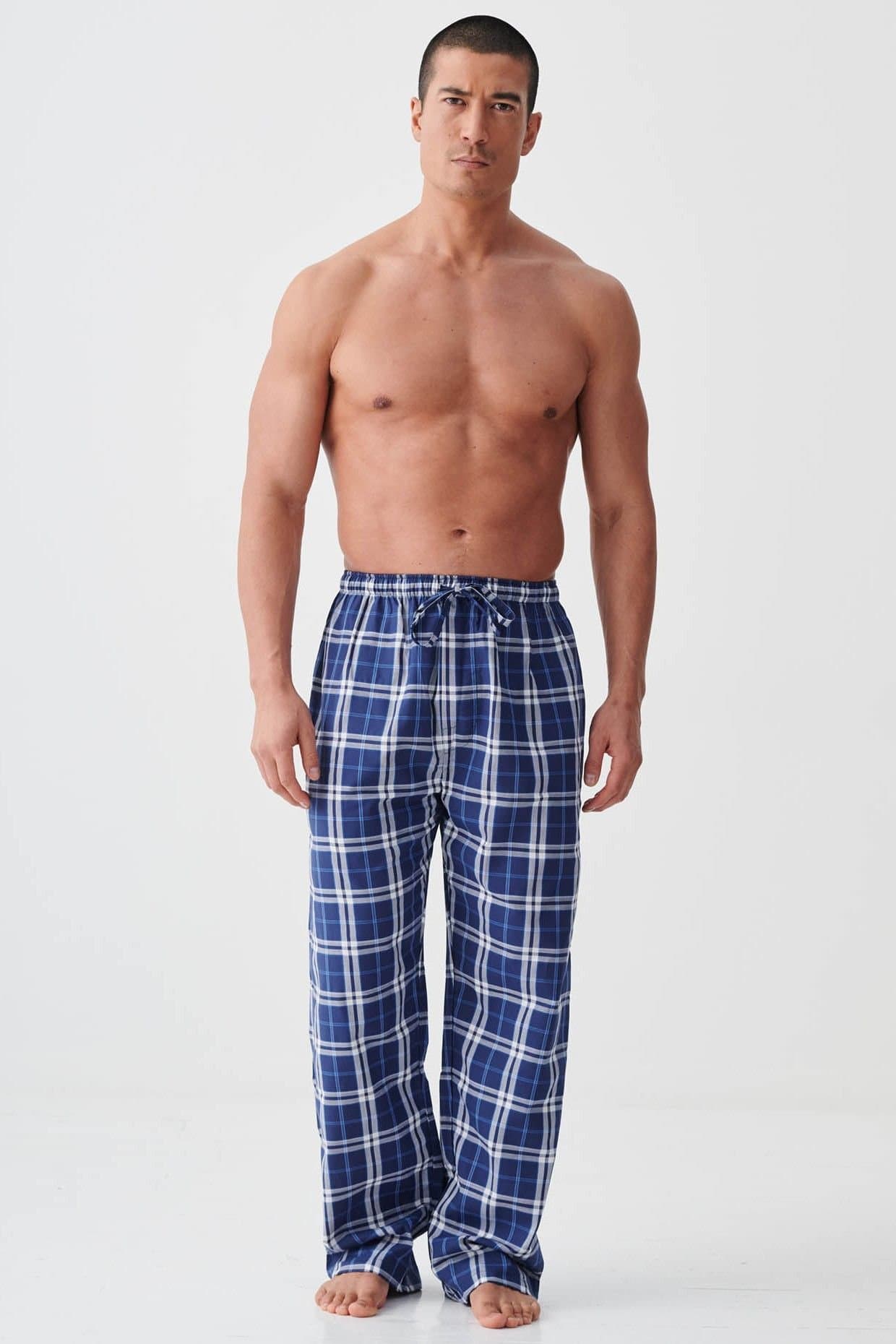 British Boxers British Boxers Men's "Chester Blue on Blue" Check Crisp Cotton Pyjama Trousers in Dark Blue