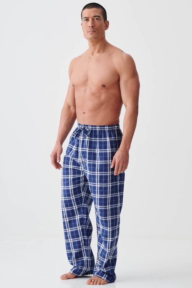 British Boxers British Boxers Men's "Chester Blue on Blue" Check Crisp Cotton Pyjama Trousers in Dark Blue - 2