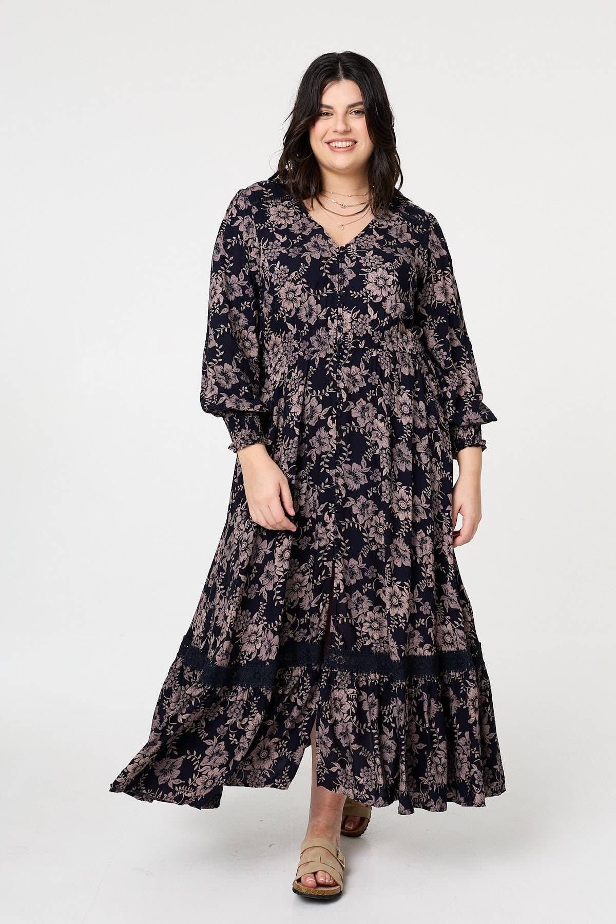 Izabel Curve Izabel Curve Women's Curve Floral Lace Long Sleeve Maxi Dress in Navy