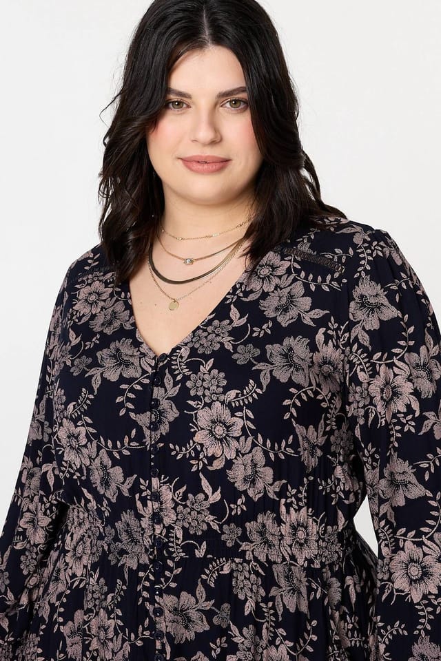 Izabel Curve Izabel Curve Women's Curve Floral Lace Long Sleeve Maxi Dress in Navy - 2