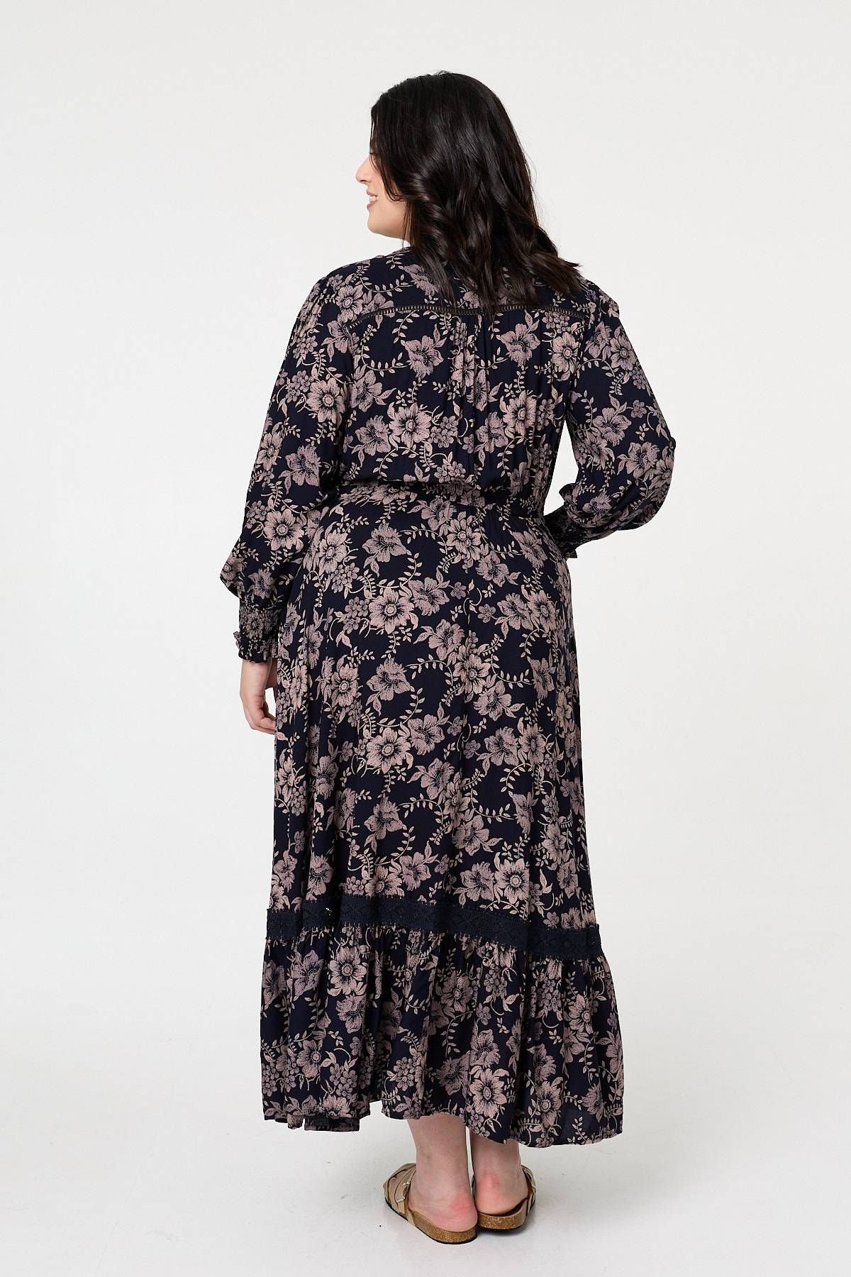 Izabel Curve Izabel Curve Women's Curve Floral Lace Long Sleeve Maxi Dress in Navy - 3