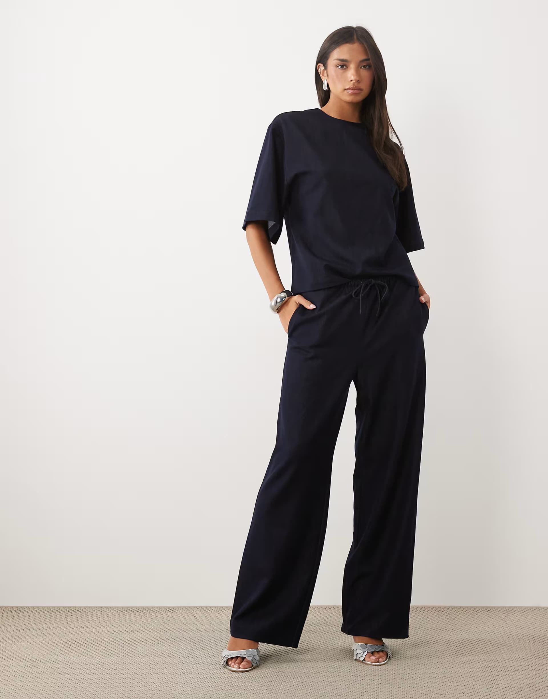 ASOS Pretty Lavish denim look drawstring wide leg trouser co-ord in indigo