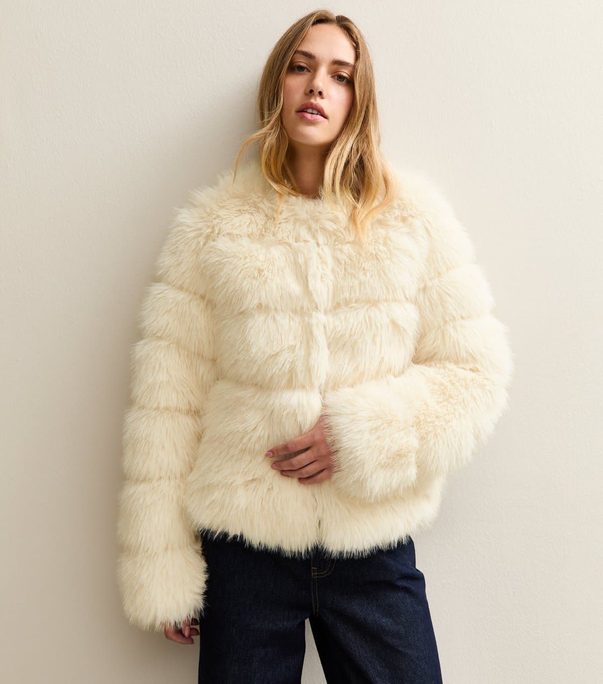 New Look Women's Off White Panelled Faux Fur Jacket New Look