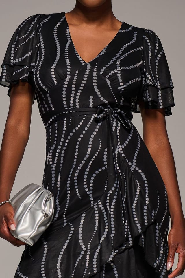 Jolie Moi Jolie Moi Women's Angel Sleeve Ruffle Hem Mesh Midaxi Dress in Black - 3