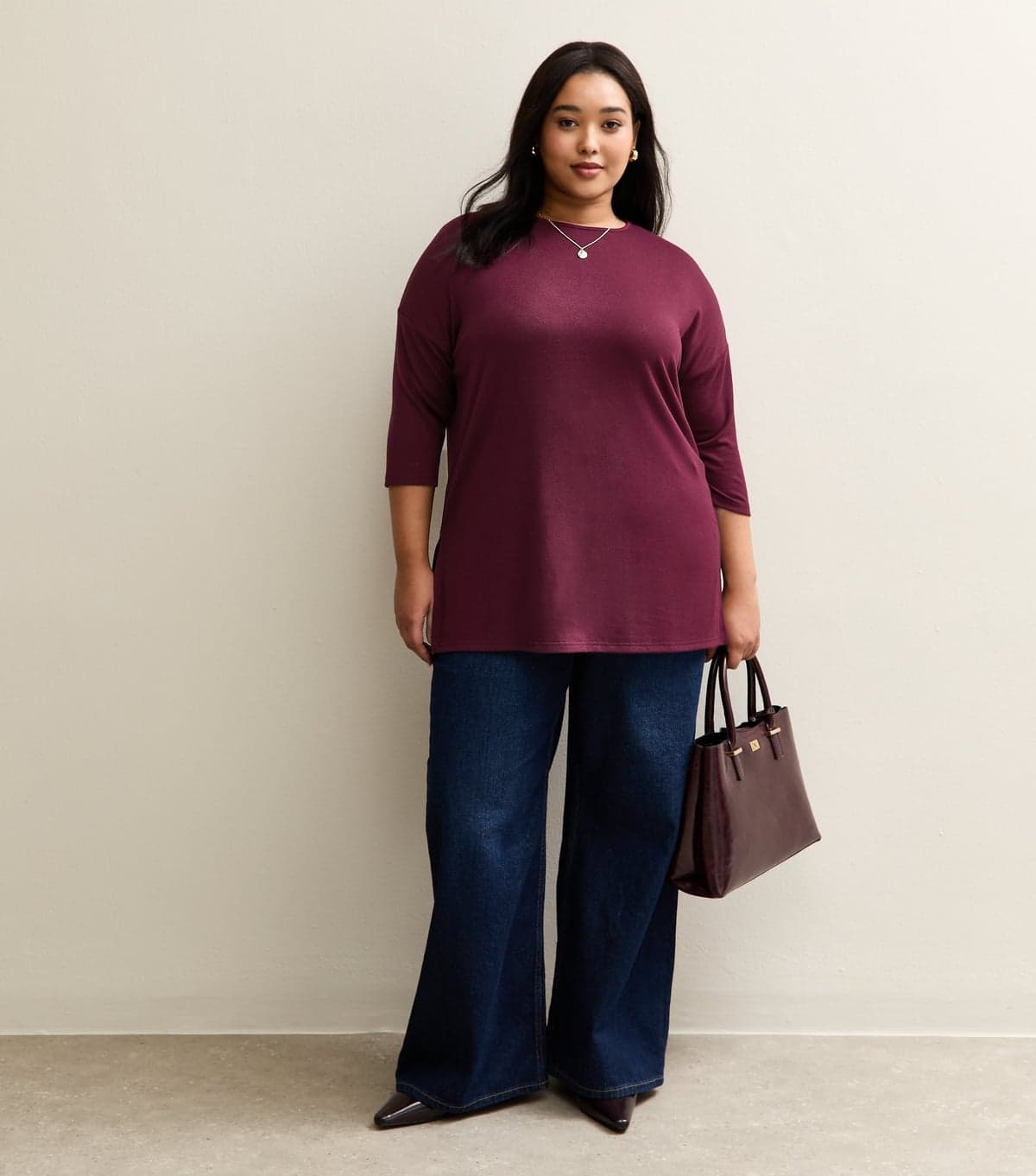 New Look Women's Plus Size Burgundy Cropped Sleeve Longline Jumper Curves New Look