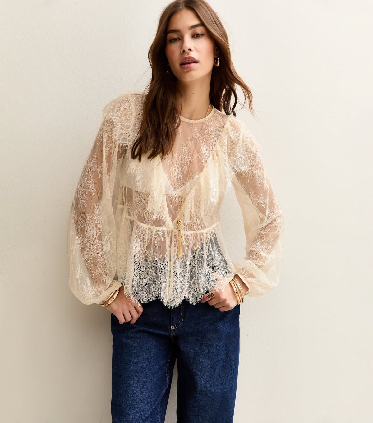 New Look New Look White Floral Lace Long Sleeve Blouse