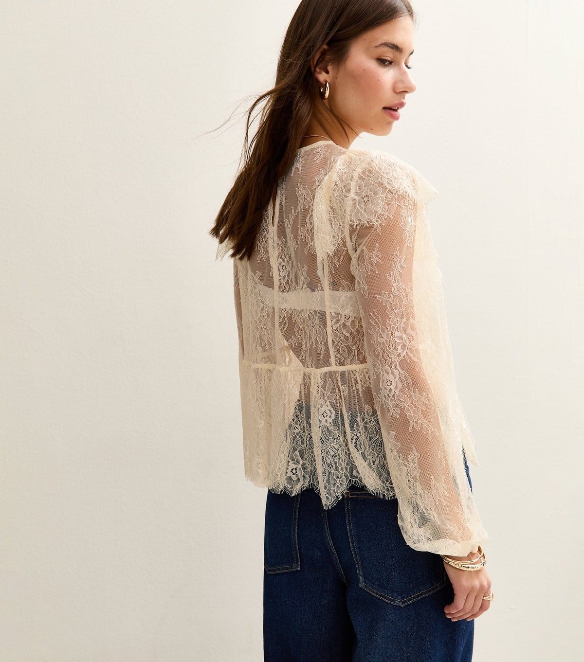 New Look Women's White Floral Lace Long Sleeve Semi Sheer Blouse New Look - 4