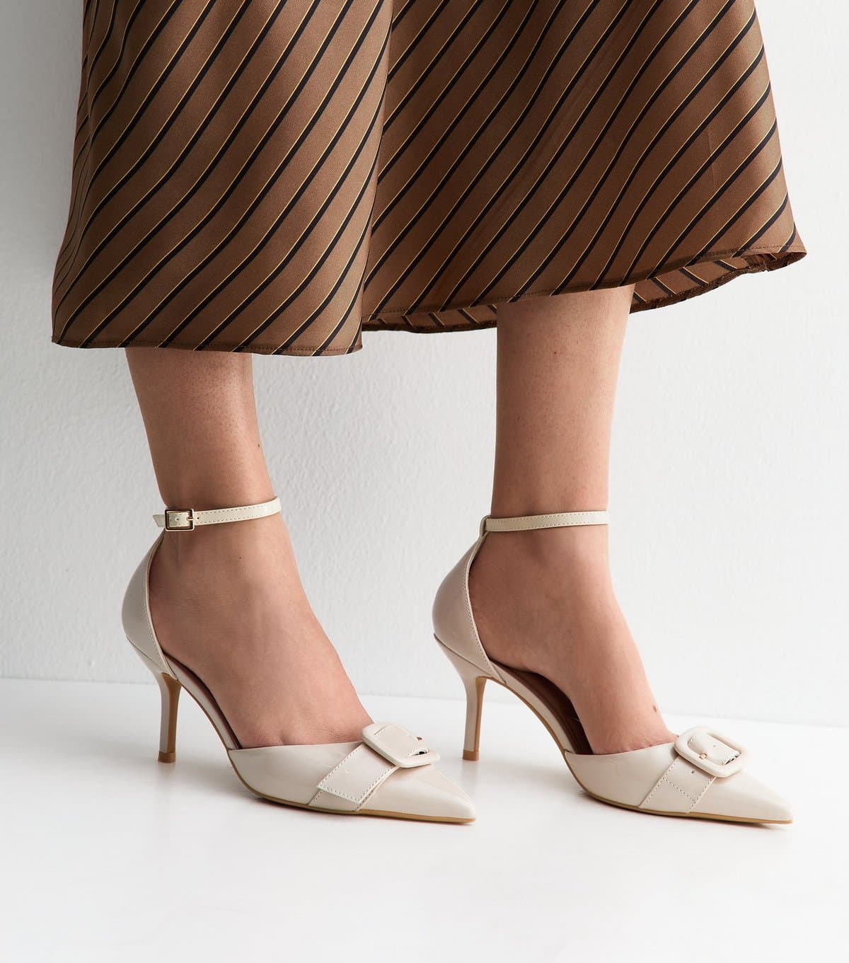 New Look Women's Off White Faux Patent Leather Buckle Strap Open Court Shoes Vegan New Look