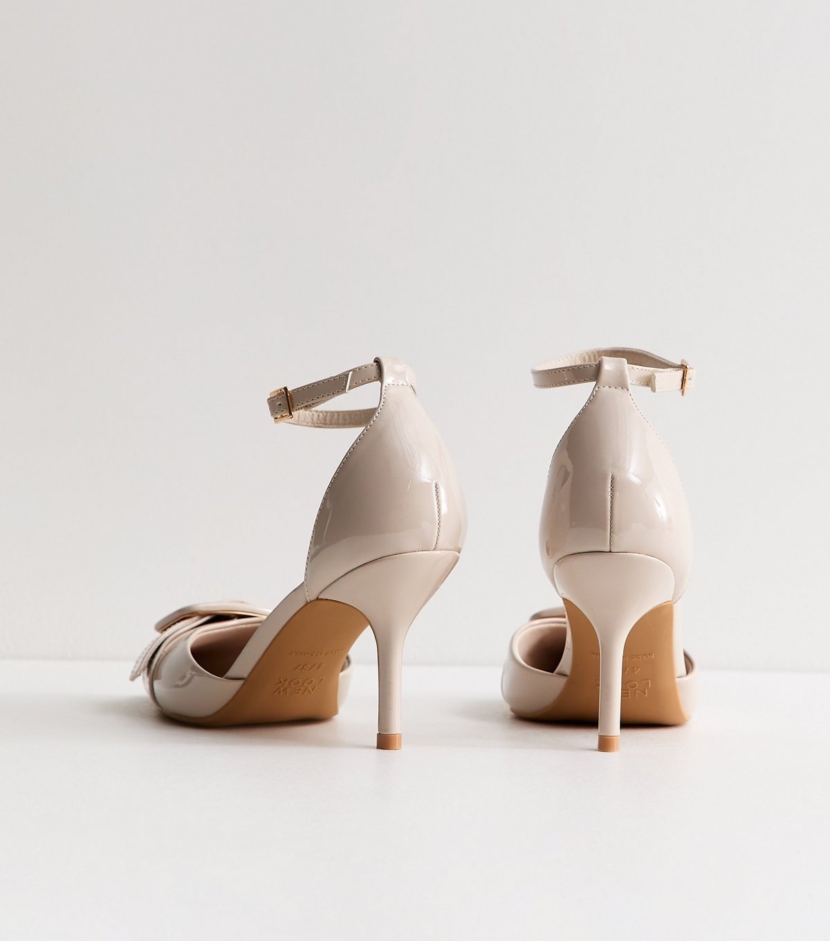 New Look Women's Off White Faux Patent Leather Buckle Strap Open Court Shoes Vegan New Look - 4