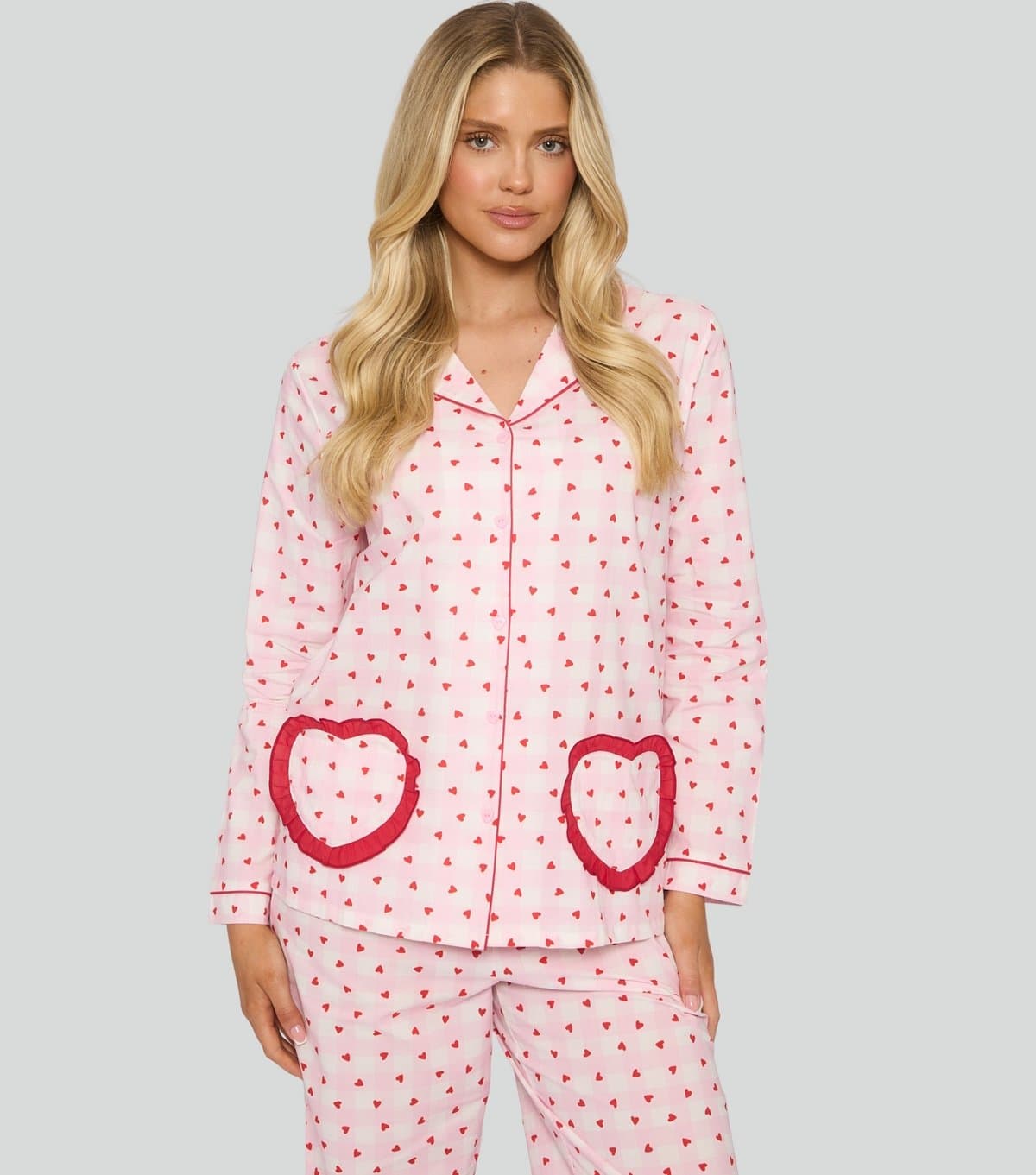 Loungeable Women's Loungeable Valentines Pink Heart Print Frilly Trim Shirt and Trousers Pyjama Set Loungeable New Look
