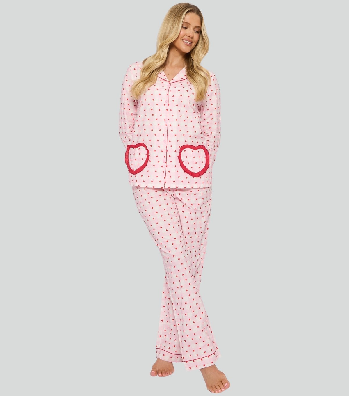 Loungeable Women's Loungeable Valentines Pink Heart Print Frilly Trim Shirt and Trousers Pyjama Set Loungeable New Look - 2