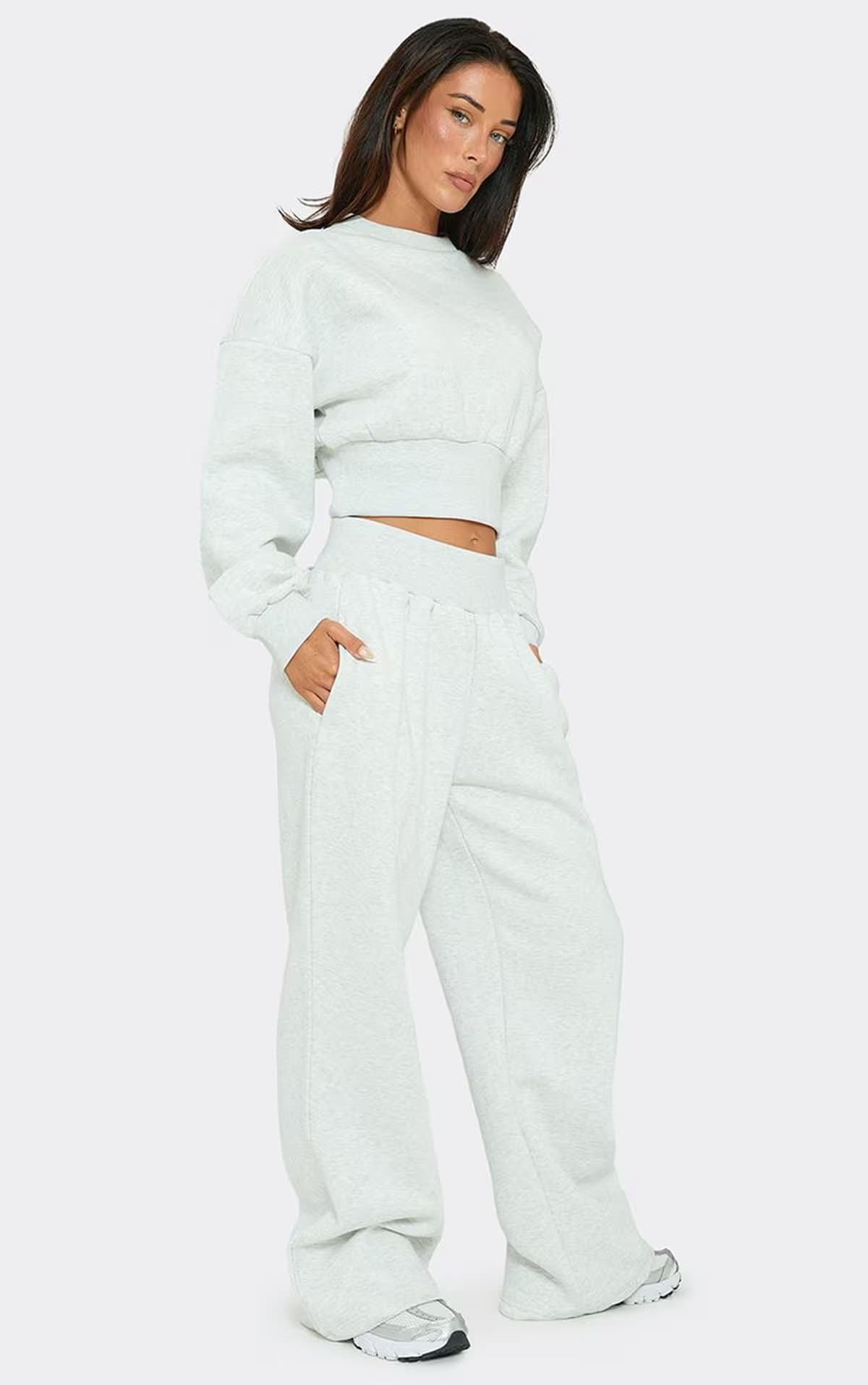 EGO Mid Rise Ribbed Waistband Wide Leg Joggers In Light Grey Marl, Women's Size UK 6