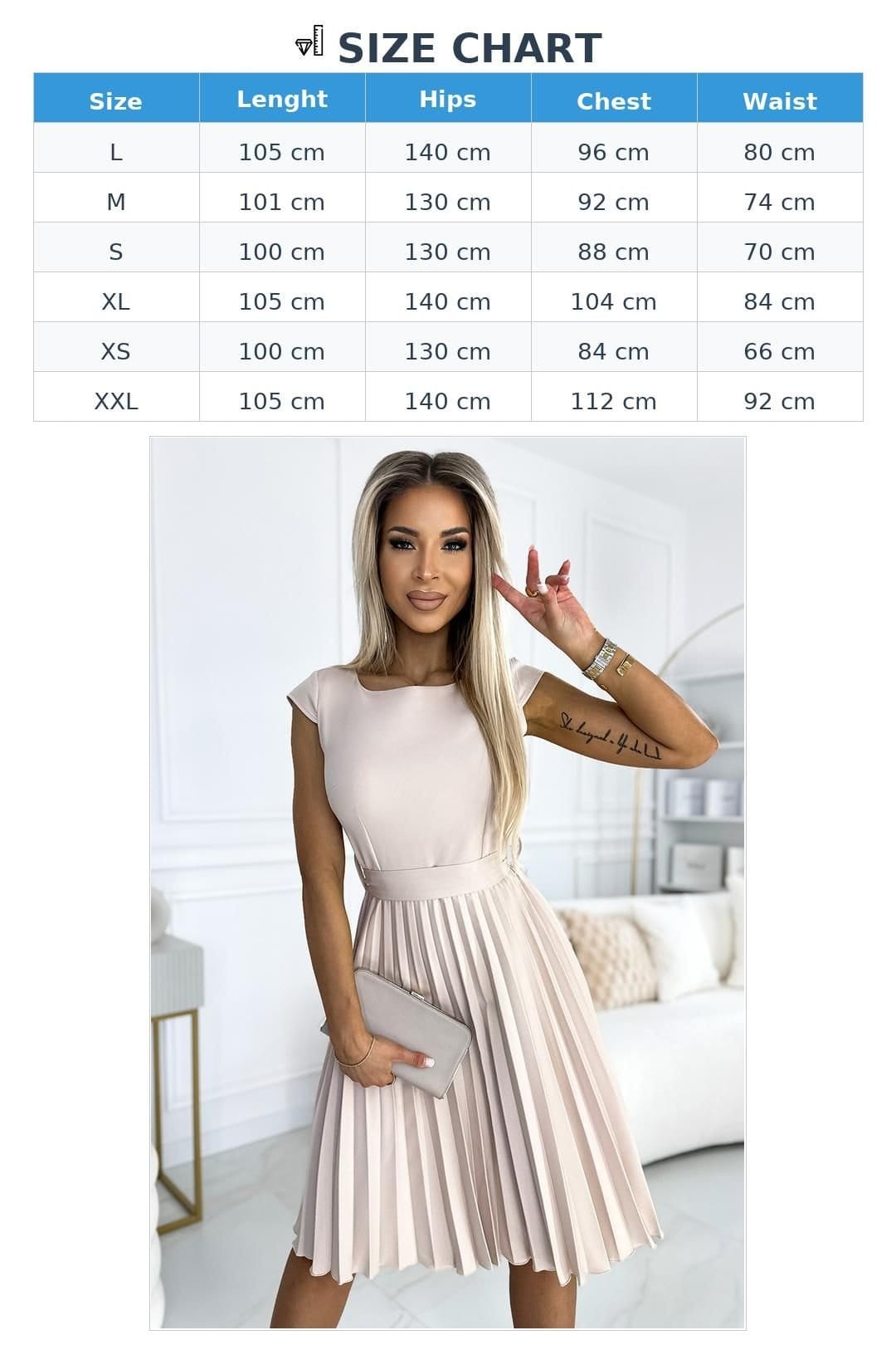 Love Lace Love Lace Women's Pleated Short Sleeve Dress with Belt in Beige - 4