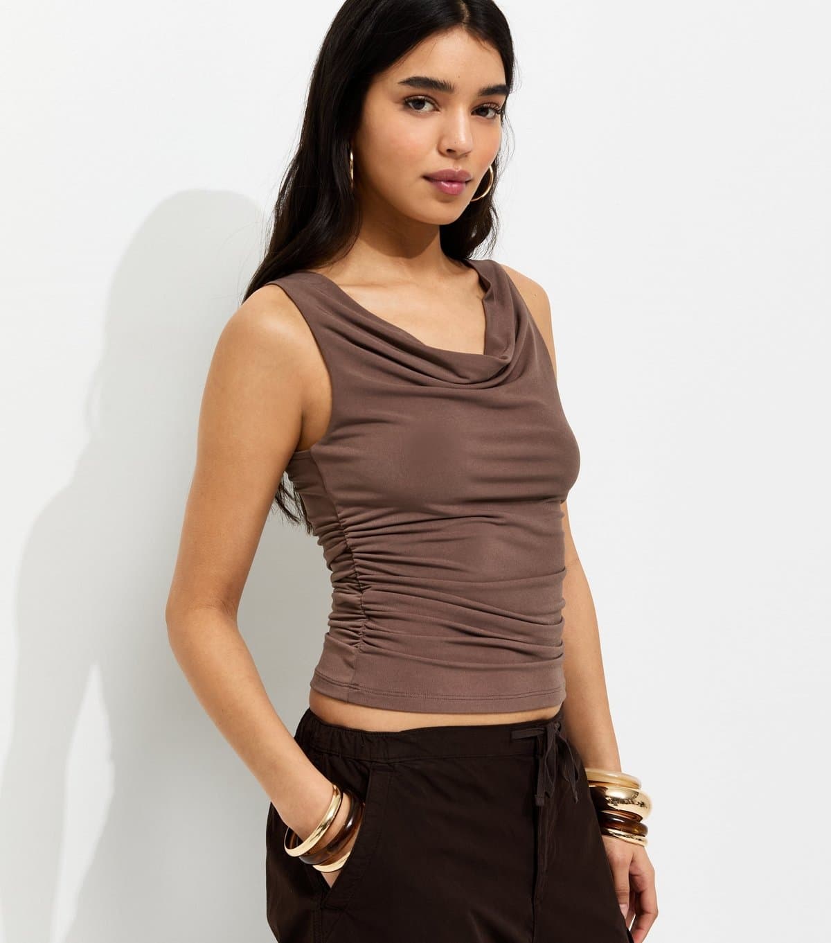 New Look Women's Brown Slinky Jersey Cowl Neck Top New Look
