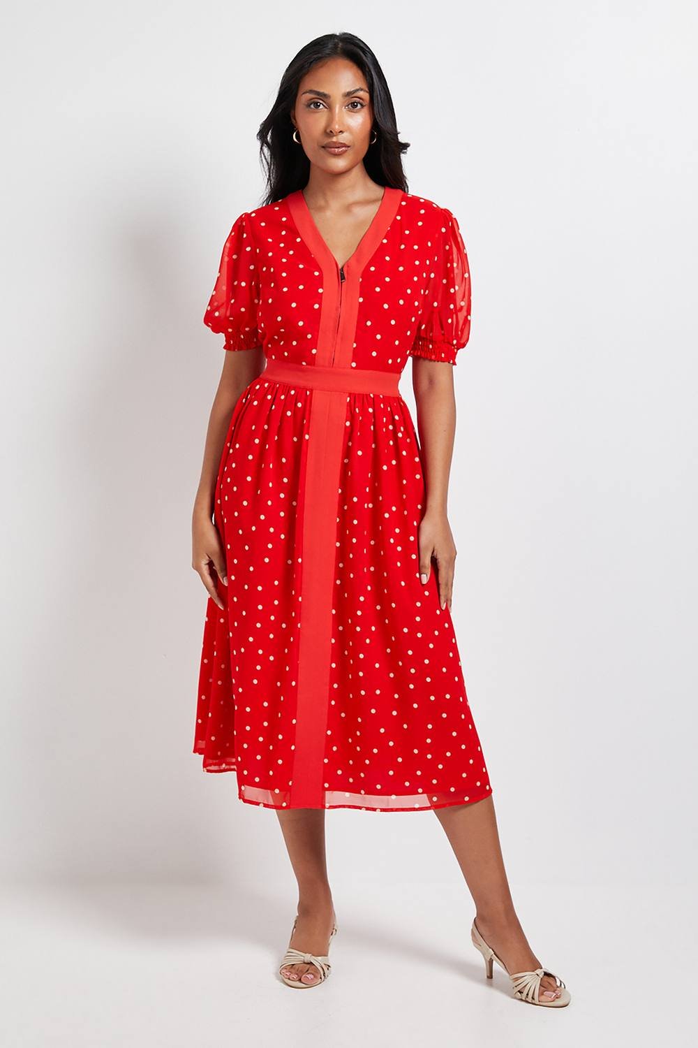 Wallis Wallis Women's Petite Polka Dot Zip Puff Sleeve Midi Dress in Red - 2