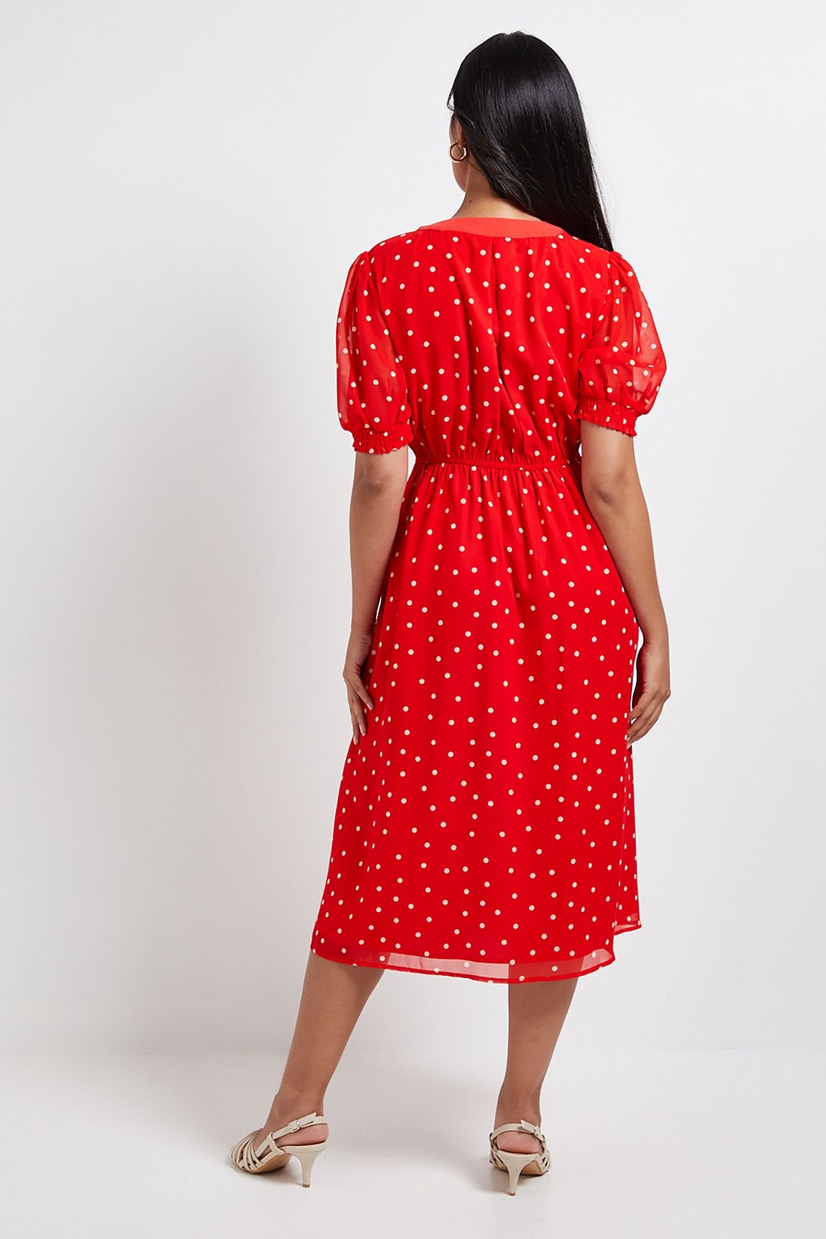 Wallis Wallis Women's Petite Polka Dot Zip Puff Sleeve Midi Dress in Red - 3