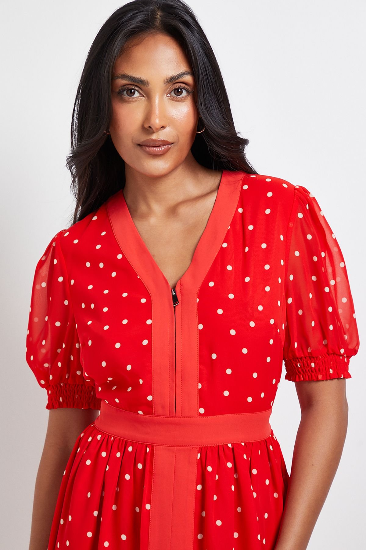 Wallis Wallis Women's Petite Polka Dot Zip Puff Sleeve Midi Dress in Red - 4