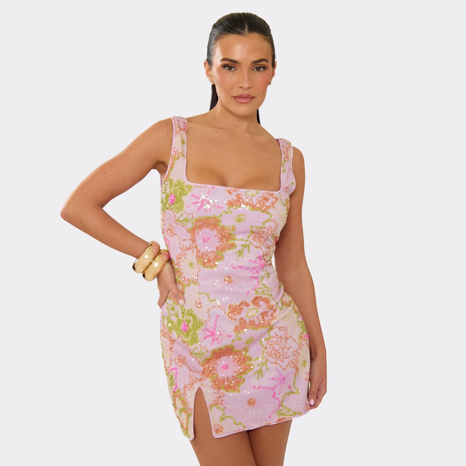 EGO Square Neck Floral Sequin Detail Split Hem Mini Dress In Pink, Women's Size UK 6