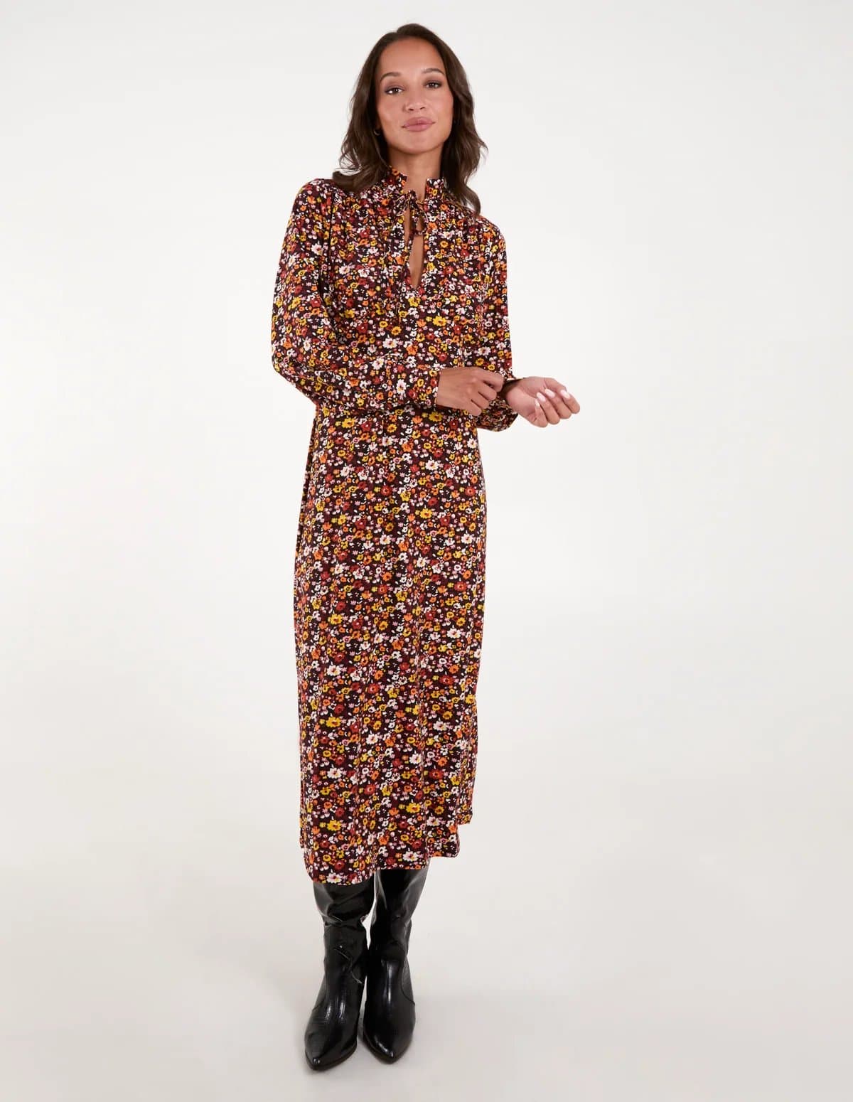 Blue Vanilla Deep V Keyhole Tie Up High Neck Midi Dress